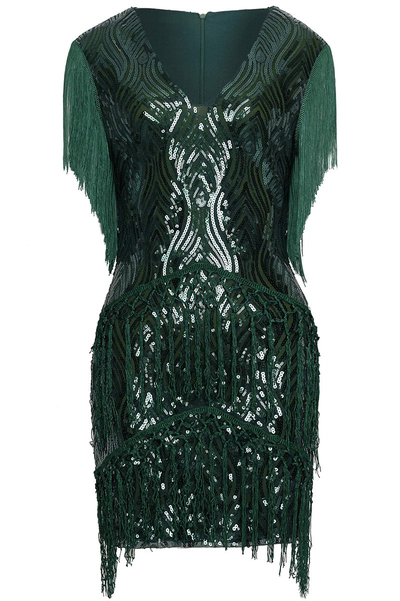 BABEYOND 1920s Flapper Dress Long Fringed Gatsby Dress Roaring 20s Sequins Beaded Dress Vintage Art Deco Dress Dark Green - Image 5